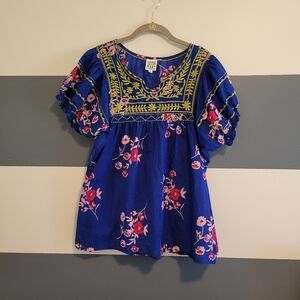 Sister Mary "Patsy" Embroided Boho Blouse in Cobalt Floral Size Small